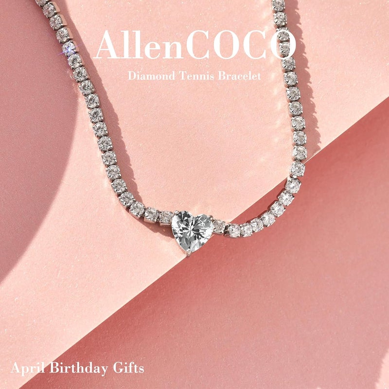 AllenCOCO Sterling Silver Heart Birthstone Bracelet, 14K White Gold Plated, AAAAA+ CZ Cubic Zirconia, Tennis Chain with Heart Charm, Hypoallergenic, Non-Tarnish Jewelry Gift for Women - Image 2